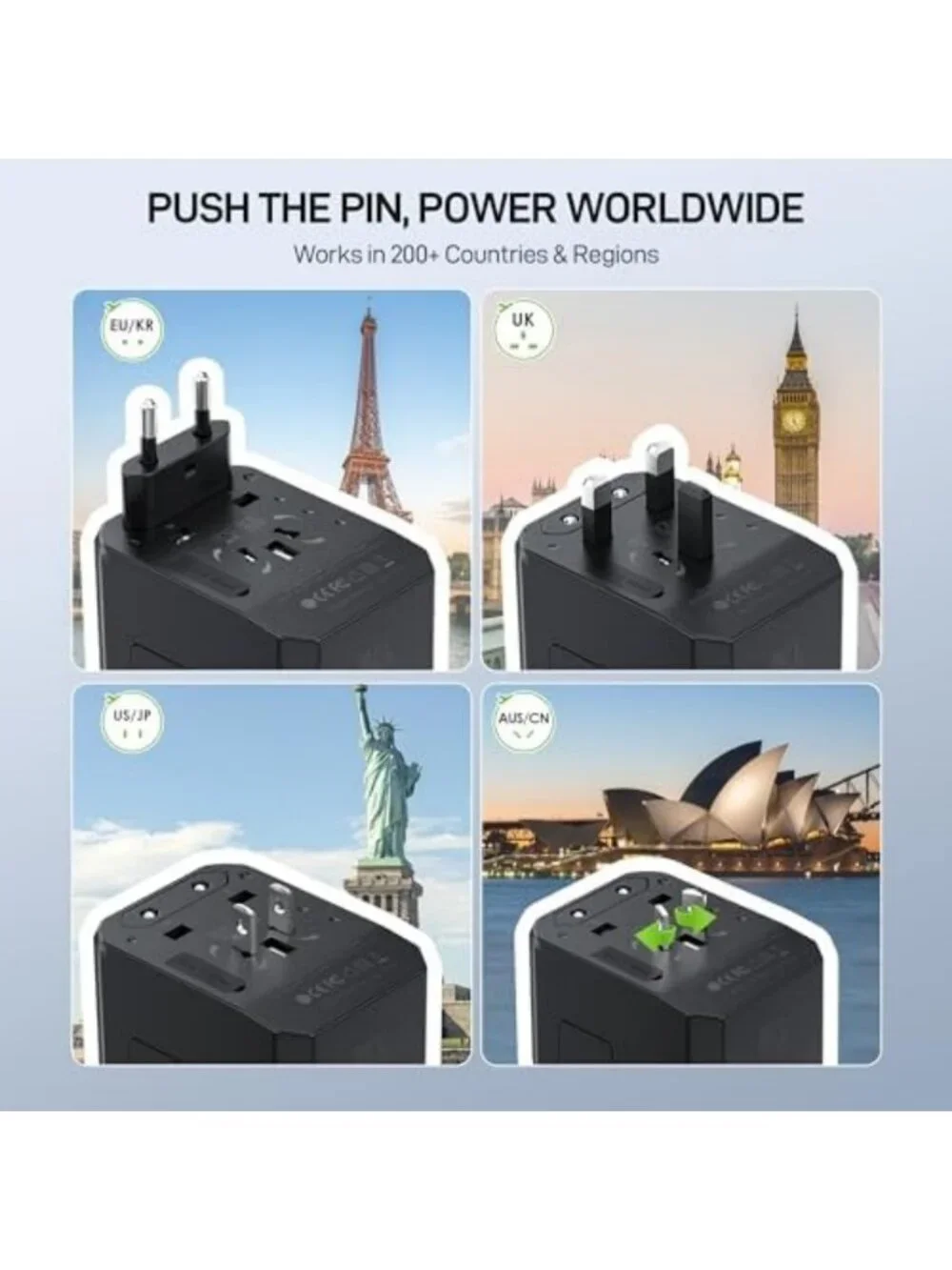 Universal 45W Travel Adapter with PD & QC, 1 AC Port, 4 USB-C & 1 USB-A Ports